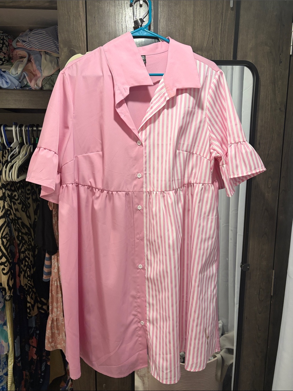 Pink Striped Panel Short Sleeve Shirt